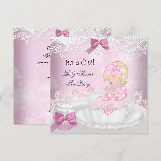 Baby shower Blonde Girl Pink Baby Teacup Cupcake Kaart (Voorkant / Achterkant)