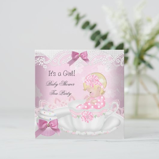 Baby shower Blonde Girl Pink Baby Teacup Cupcake Kaart (Staand voorkant)