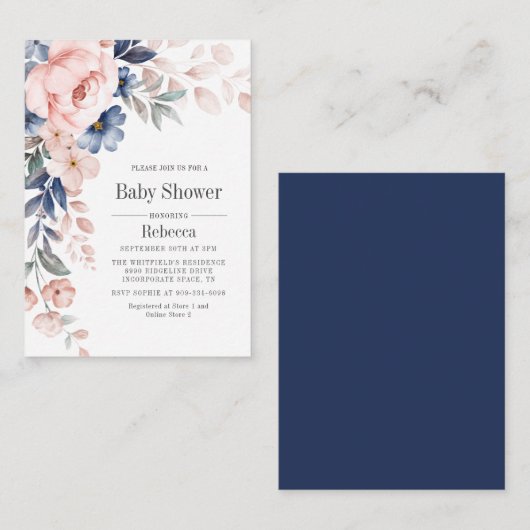 Baby shower Bloom Blue Pink Floral Notitiekaartje (Voorkant / Achterkant)