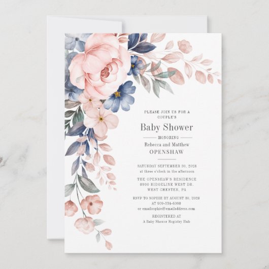Baby shower Bloom Floral Blue Pink Kaart (Voorkant)