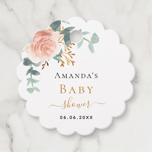 Baby shower blozen roos florale eucalyptus bedankjes labels (Voorkant)