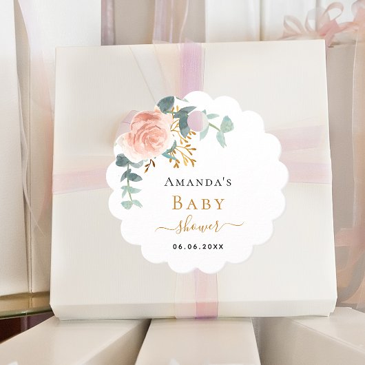 Baby shower blozen roos florale eucalyptus bedankjes labels