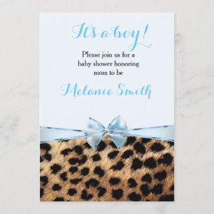 baby shower Blue Bow Cheetah Leopard Boy Invite Kaart