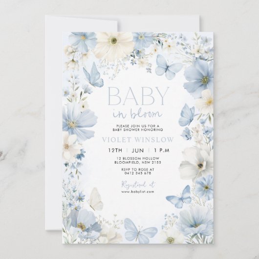 Baby shower Blue Boy Floral Butterfly Kaart (Voorkant)