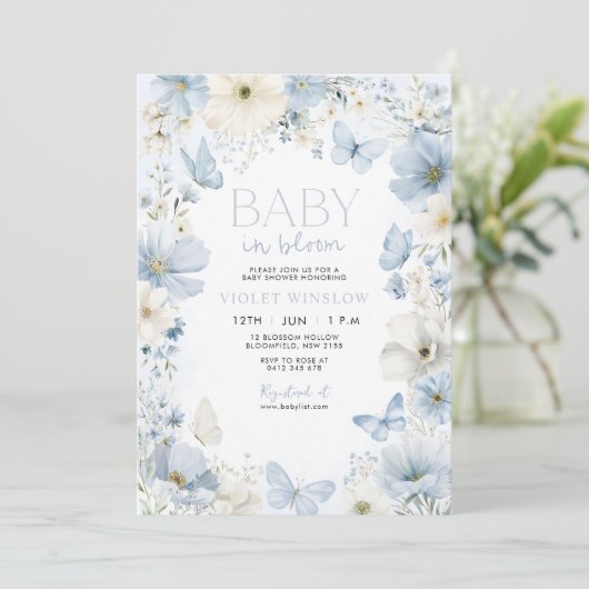 Baby shower Blue Boy Floral Butterfly Kaart (Staand voorkant)