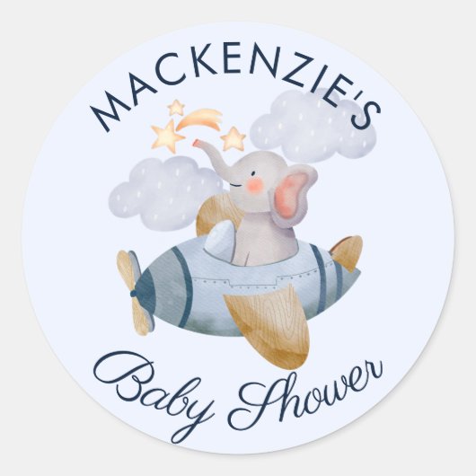 Baby shower Blue Boy's Elephant Plane Classic Rou Ronde Sticker (Voorkant)