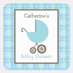 Baby shower Blue Carriage & Plaid Vierkante Sticker