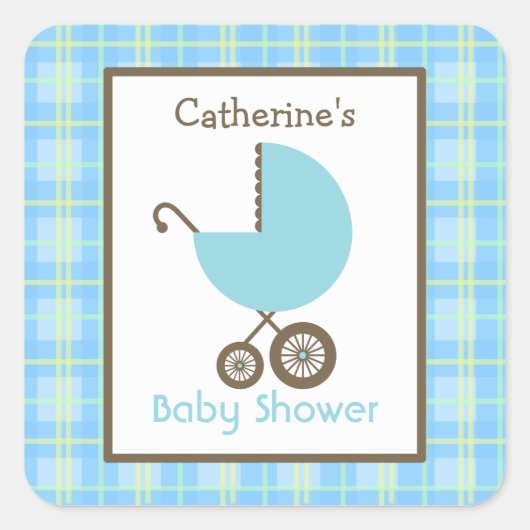 Baby shower Blue Carriage & Plaid Vierkante Sticker (Voorkant)
