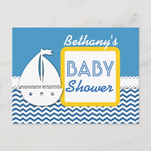 BABY SHOWER Blue Chevrons en zeilboot voor Boy A01 Aankondigingskaart (Voorkant)
