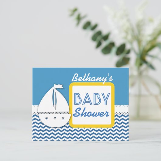 BABY SHOWER Blue Chevrons en zeilboot voor Boy A01 Aankondigingskaart (Staand voorkant)