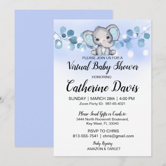 Baby shower BLUE ELEPHANT Kaart (Voorkant / Achterkant)