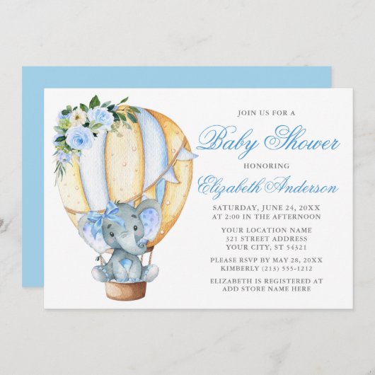 Baby shower Blue Floral ballon Elephant Bow Kaart (Voorkant / Achterkant)