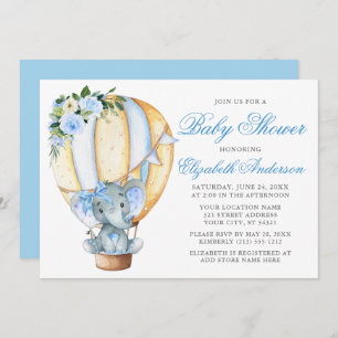 Baby shower Blue Floral ballon Elephant Bow Kaart