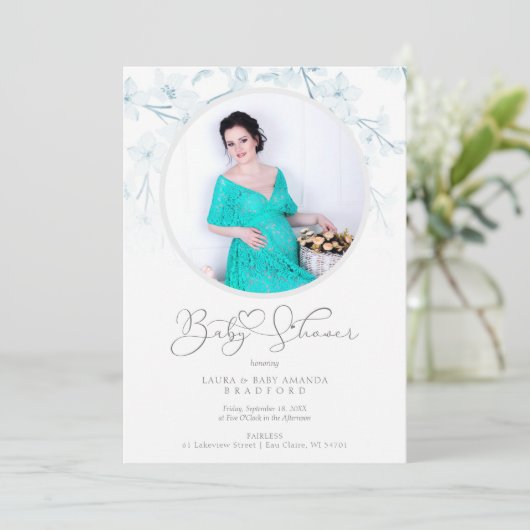 Baby Shower Blue Floral Botanical Photo Invitation (Staand voorkant)