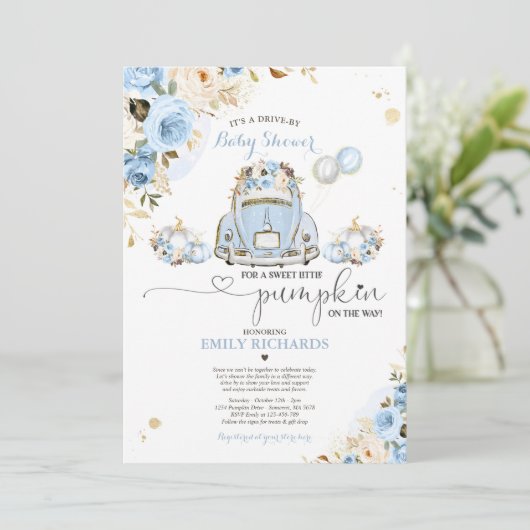 Baby shower Blue Floral Rozen Pumpkin Kaart (Staand voorkant)