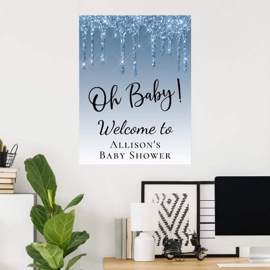 Baby shower Blue Glitter Welkom Poster (Thuiskantoor)