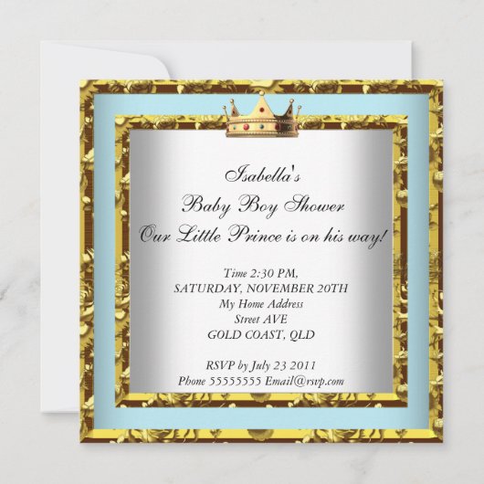 Baby shower Blue Gold Boy kroonprins 2 Kaart (Achterkant)