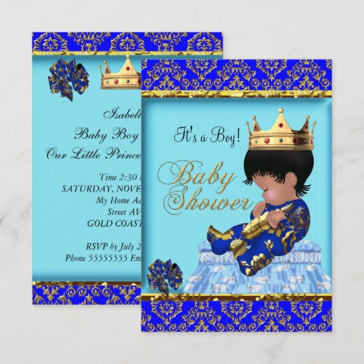 Baby shower Blue Gold Boy Prince Kaart (Voorkant / Achterkant)
