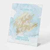 Baby shower Blue Gold Waterverf BOY Reclamebord Met Voetstuk (Voorkant)
