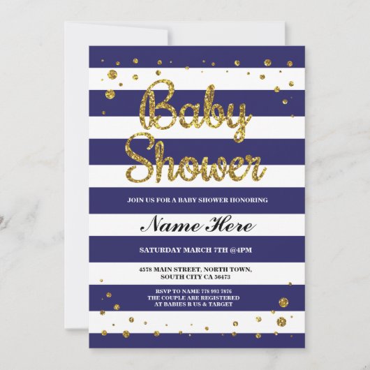 Baby shower Blue Navy Stripe Gold Glitter Uitnodig Kaart (Voorkant)