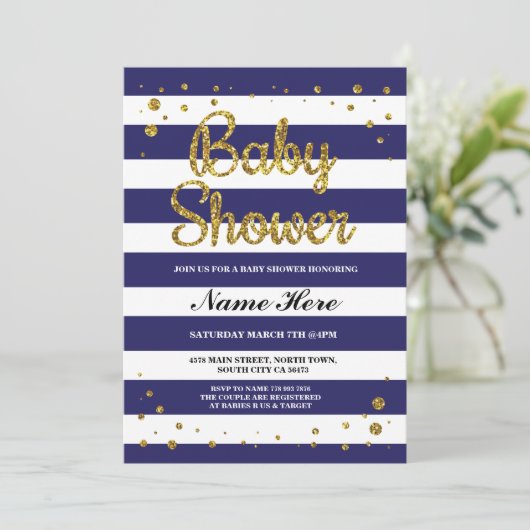 Baby shower Blue Navy Stripe Gold Glitter Uitnodig Kaart (Staand voorkant)