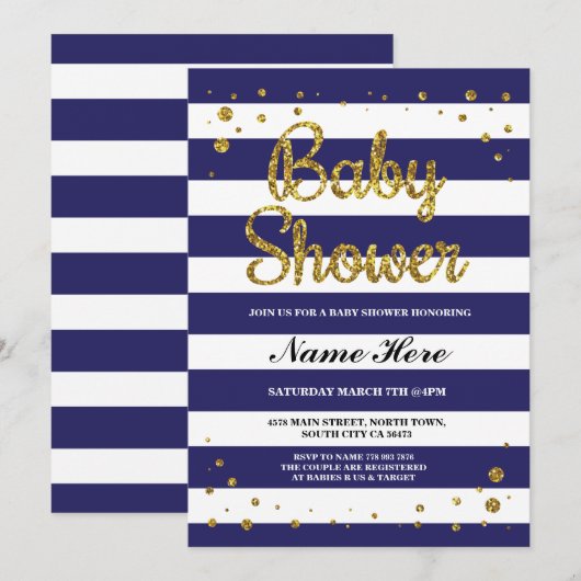 Baby shower Blue Navy Stripe Gold Glitter Uitnodig Kaart (Voorkant / Achterkant)