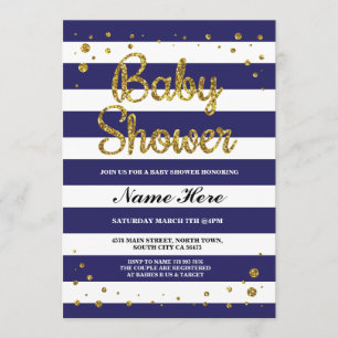 Baby shower Blue Navy Stripe Gold Glitter Uitnodig Kaart