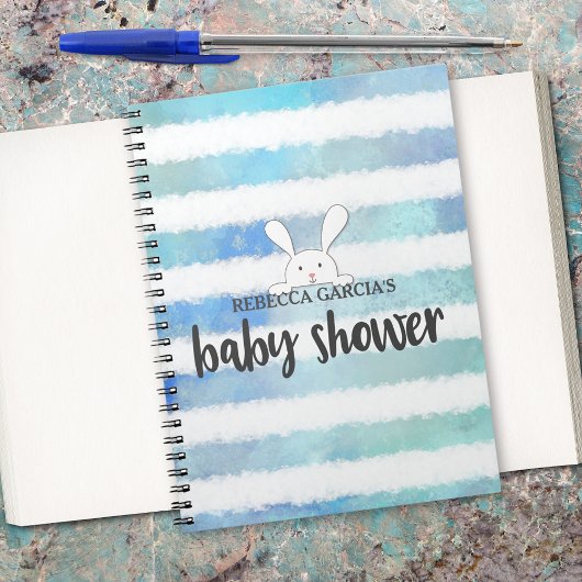 Baby shower Blue Stripe White Bunny Rabbit Guest Notitieboek