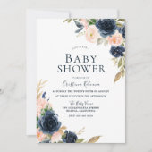 Baby shower Blush & Navy Peach Flowers Kaart (Voorkant)