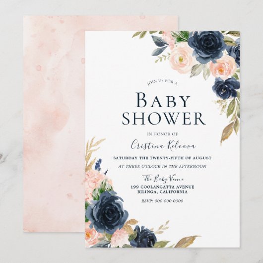 Baby shower Blush & Navy Peach Flowers Kaart (Voorkant / Achterkant)