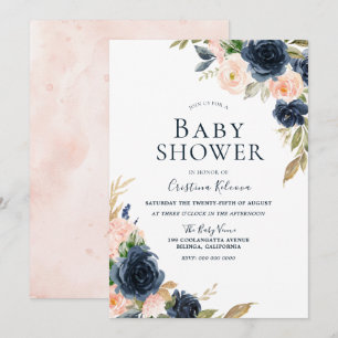 Baby shower Blush & Navy Peach Flowers Kaart