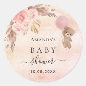 Baby shower blush pampas roos teddy ronde sticker (Voorkant)