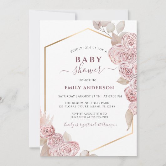  Baby shower Blush Pink Floral en Golden  Kaart (Voorkant)