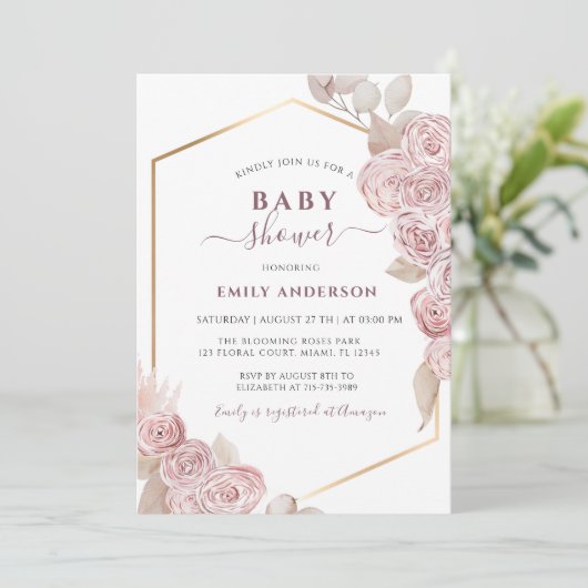  Baby shower Blush Pink Floral en Golden  Kaart (Staand voorkant)