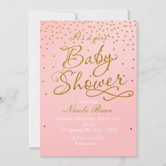 BABY SHOWER Blush Pink & Gold Confetti Uitnodiging (Voorkant)