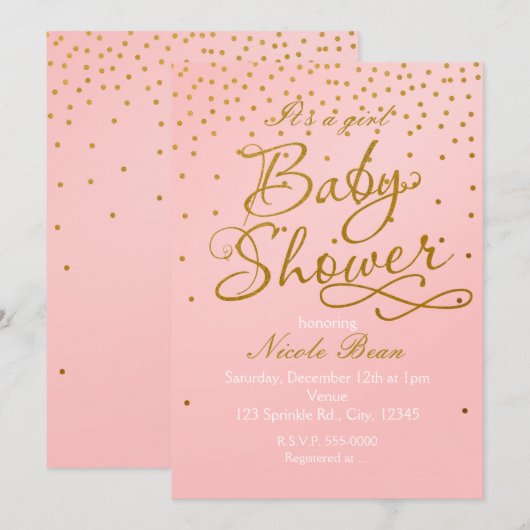 BABY SHOWER Blush Pink & Gold Confetti Uitnodiging (Voorkant / Achterkant)