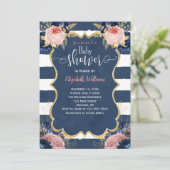 Baby shower Blush Pink Navy Blue Floral Kaart (Staand voorkant)