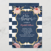 Baby shower Blush Pink Navy Blue Floral Kaart (Voorkant / Achterkant)