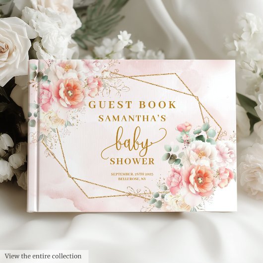 Baby shower blush roze en gouden bloemen gastenboe gastenboek