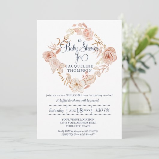 baby shower Blush Roze Waterverf Floral Greenery Kaart (Staand voorkant)