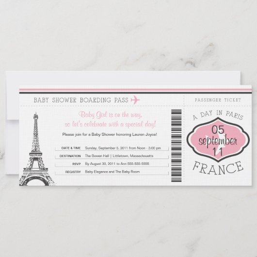 Baby shower Boarding Pass naar Parijs Kaart (Voorkant)
