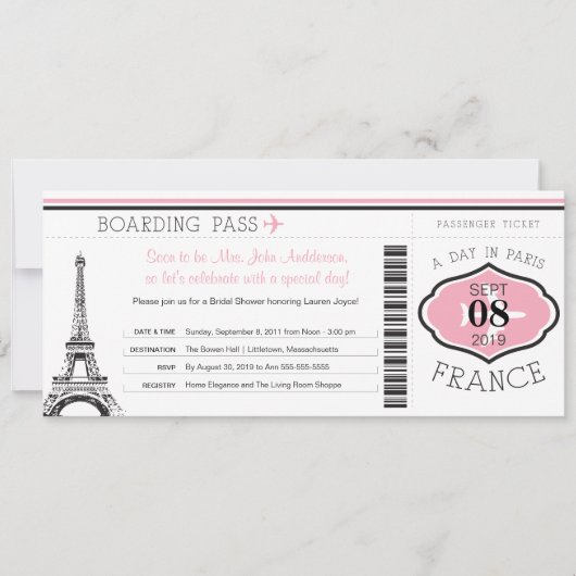 Baby shower Boarding Pass naar Parijs Kaart (Voorkant)