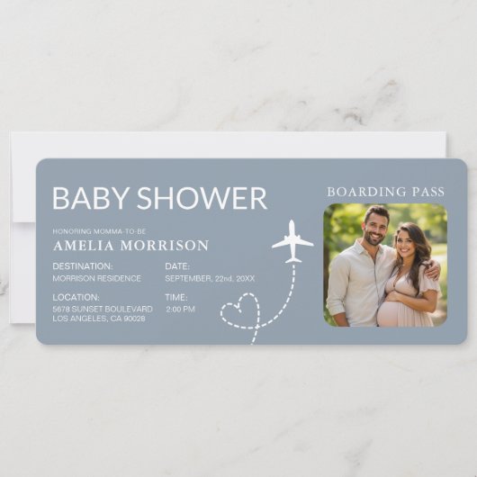 Baby shower Boarding Pass Vliegtuig Dusty Blue Tic (Voorkant)