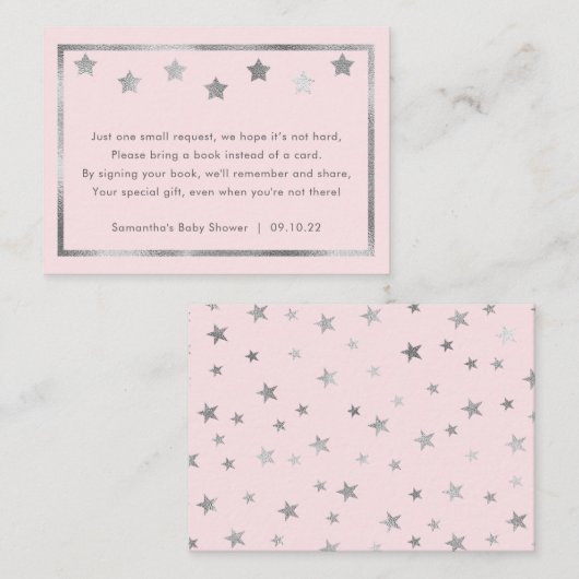 Baby shower boek aanvraag, blush roze zilveren ste informatiekaartje (Voorkant / Achterkant)