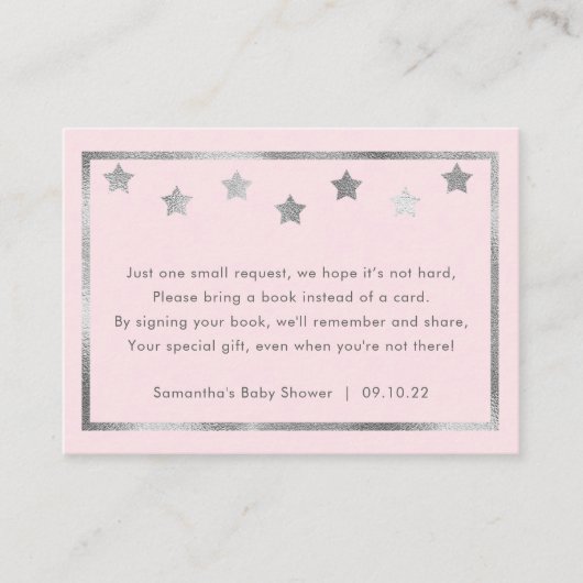 Baby shower boek aanvraag, blush roze zilveren ste informatiekaartje (Voorkant)