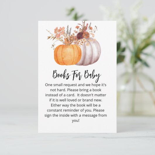 Baby shower boek herfst pompoen rustiek bruin bloe informatiekaartje (Staand voorkant)