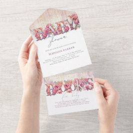 Baby shower & Boeken voor Baby Floral Pink Gold All In One Uitnodiging
