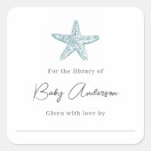 Baby shower boekenplaat blauwe zeester vierkante sticker (Voorkant)