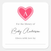 Baby shower boekenplaat monogram hart vierkante sticker (Voorkant)