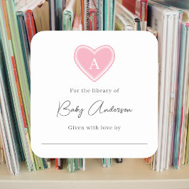 Baby shower boekenplaat monogram hart vierkante sticker